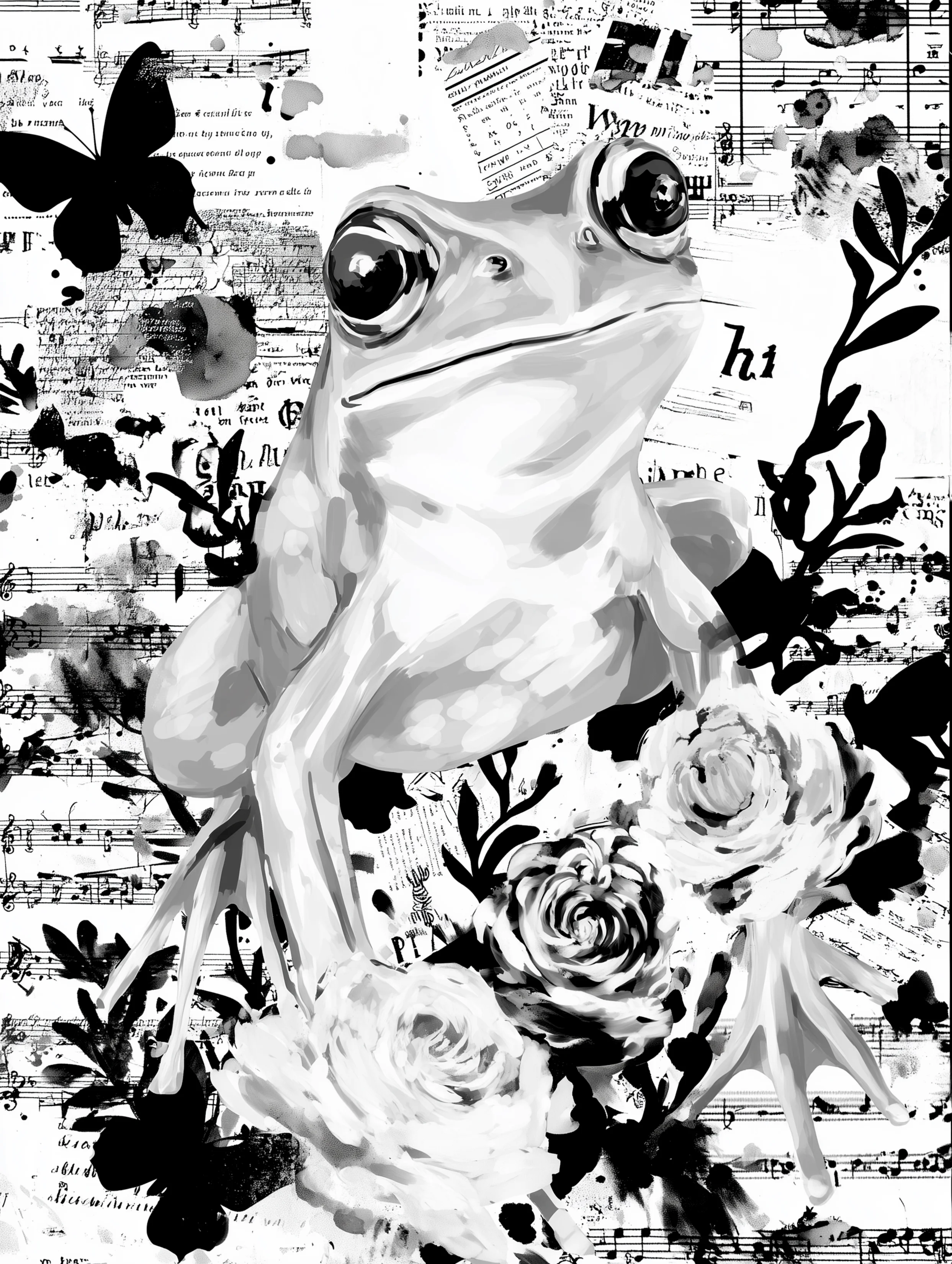 Free printable frog coloring page for adults featuring classy frog with music background